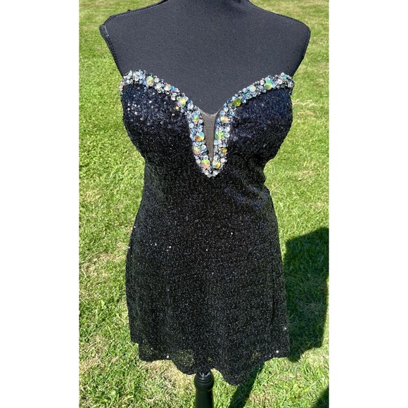 Alyce Paris Dress Womens 14 Black Sequin Beaded Strapless Sweetheart Mini Party - Picture 2 of 12